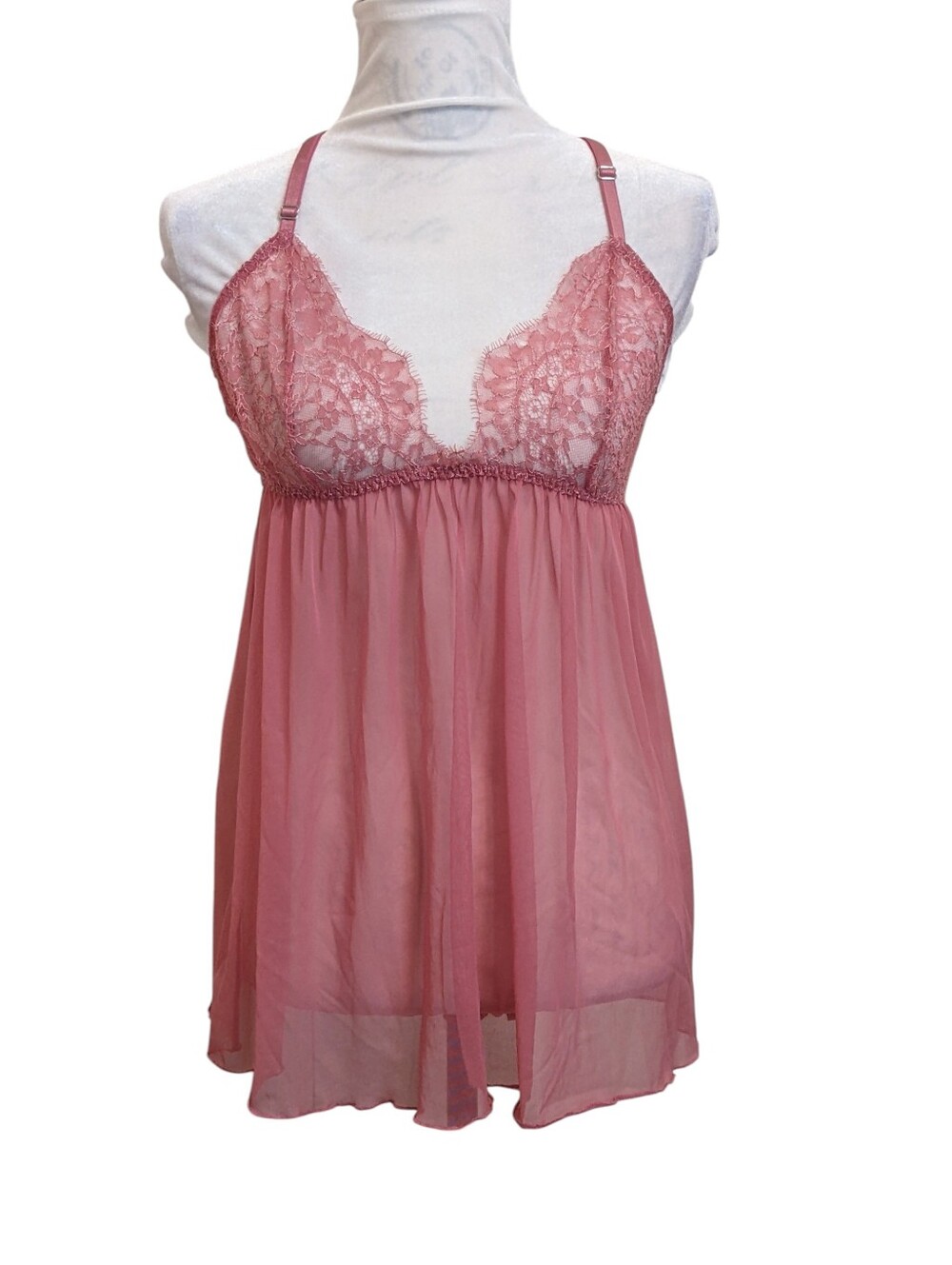 Victoria Secret Babydoll Top Sheer Pose Pink Halter Stretchy Adjust Straps Large
